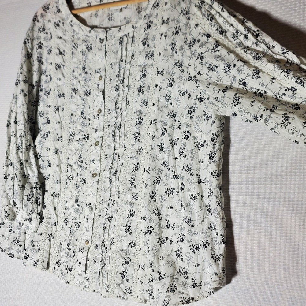 J Jill Pintuck Blouse Womens 1X White Floral 100% Cotton 3/4Sleeve Top Button-Up - Picture 3 of 13